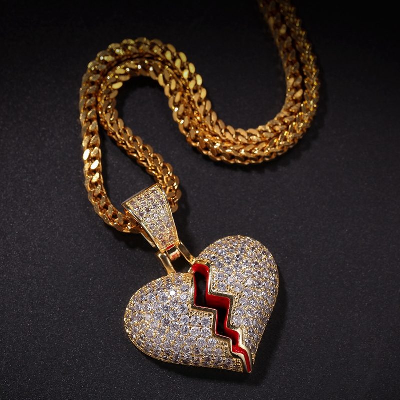 Iced Out Broken Heart Pendant Necklace For Mens Womens Fashion Hip Hop Gold Silver Necklaces Jewelry