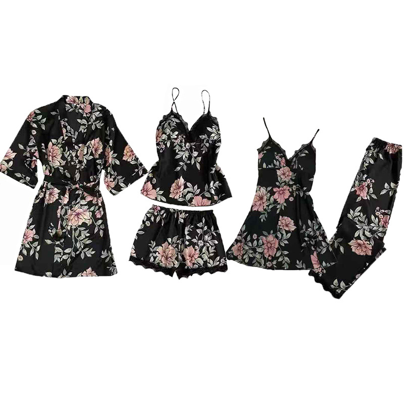 Autumn Women Pamas Sets Sleep Comfort Satin Sleepwear Lace Silk 5 Pieces Camisole+Robe+Pants Pyjama Femme Home Suit
