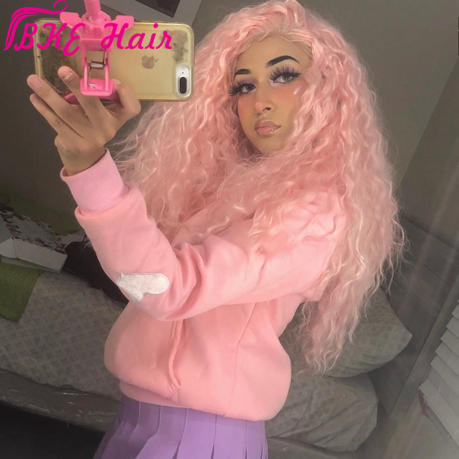 Long Curly Wigs Lace Front Wig Synthetic parrucca natural Pink Heavy Density Glueless Lace Wigs for Women Daily Wear