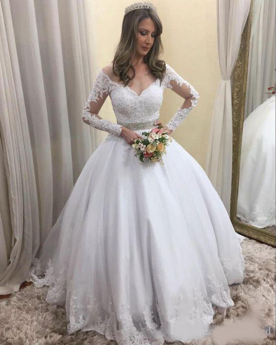 2020 Simple Long Sleeve A Line Wedding Dresses New Off The Shoulder Floor Length Tull Lace Applique Wedding Guest Dress Party Gowns