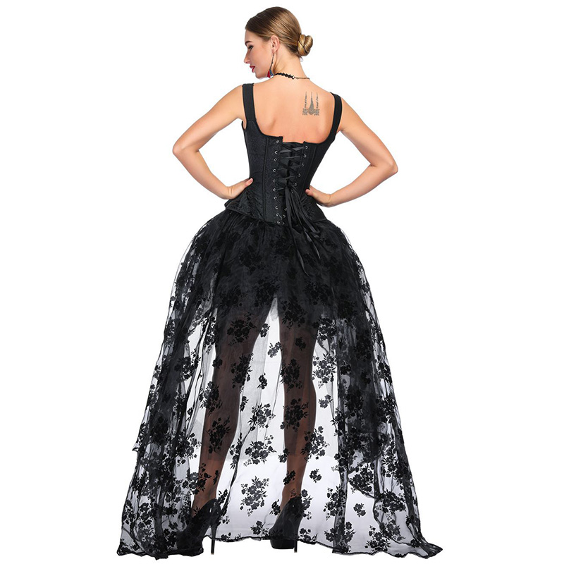 Women Vintage Corset Top with Hi-lo Mesh Skirt Outfit Halterneck Contrast Panel Side Hip Curve Overbust Padded Corset Fashion Burlesque Set