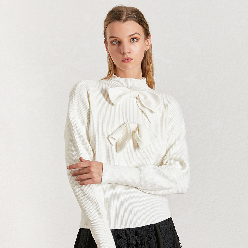 TWOTWINSTYLE Elegant Bow Women's Sweater Turtleneck Lantern Sleeve Solid Pullovers Sweaters Female 2019 Fashion Autumn New T200101