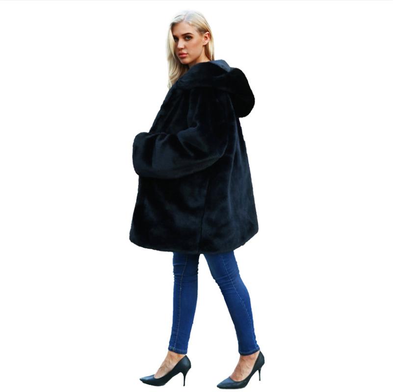 Lanshifei New Design Fall Female Imitation Fur Long Parka Ladies' Winter Faux Fur Coat Warm Black Jacket with Hood for Women