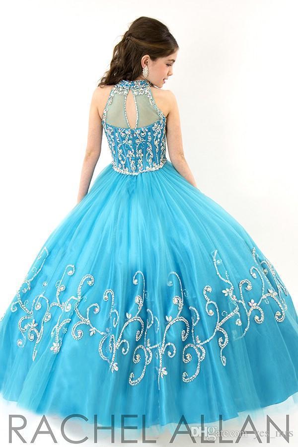 New Crystal Beading Cheap Little Pageant Dresses Tulle Halter Illusion Embroidery Sky Blue Kids Flower Girls Dress Birthday Gowns