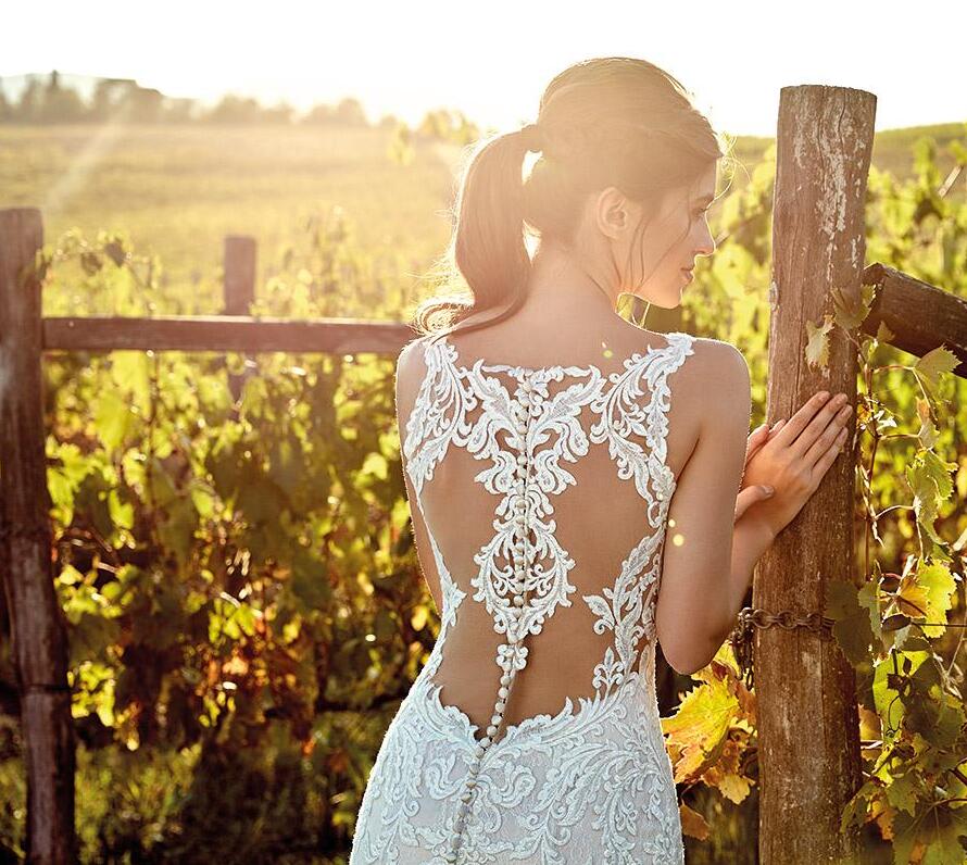 2020 Elegant Ivory Straps Deep V Neck Lace Mermaid Wedding Dresses Full Lace Tulle Summer Beach Wedding Bridal Gowns Illusion Back