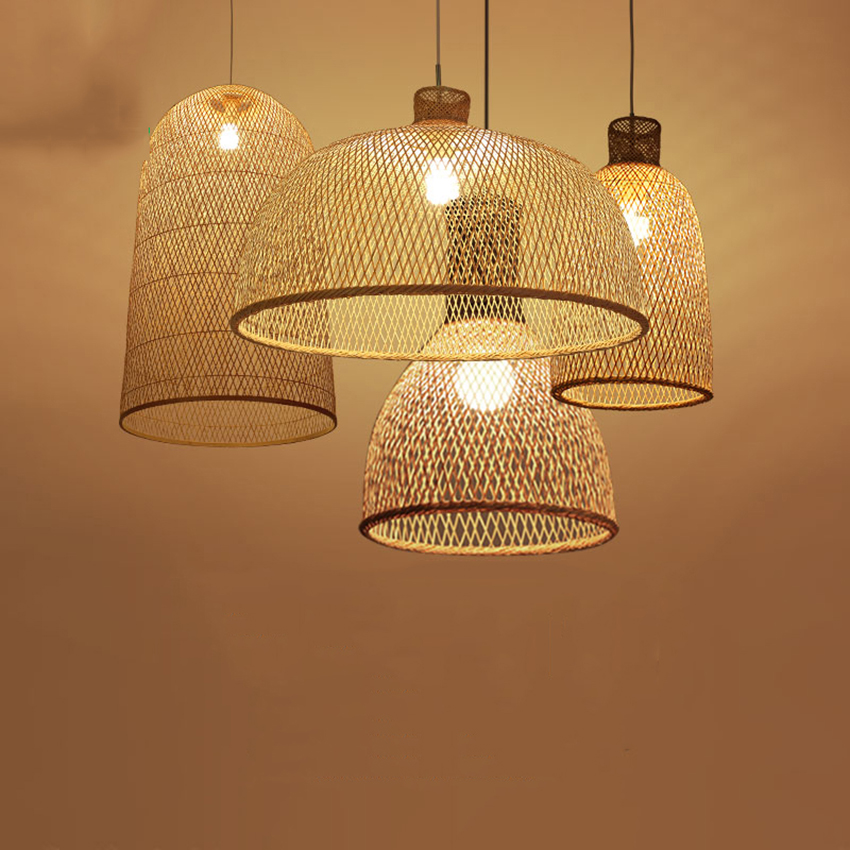 New Chinese Lantern Hotel Tea Staircase Hotel LED Bamboo Pendant Lights Hand Rattan Weaving Wood Pendant Lamp Lighting Luminaire