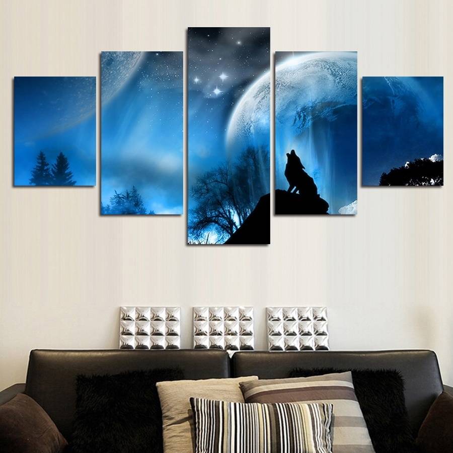 5pcs/set Unframed Wolf Shadow and Moon HD Print On Canvas Wall Art Picture For Home and Living Room Decor
