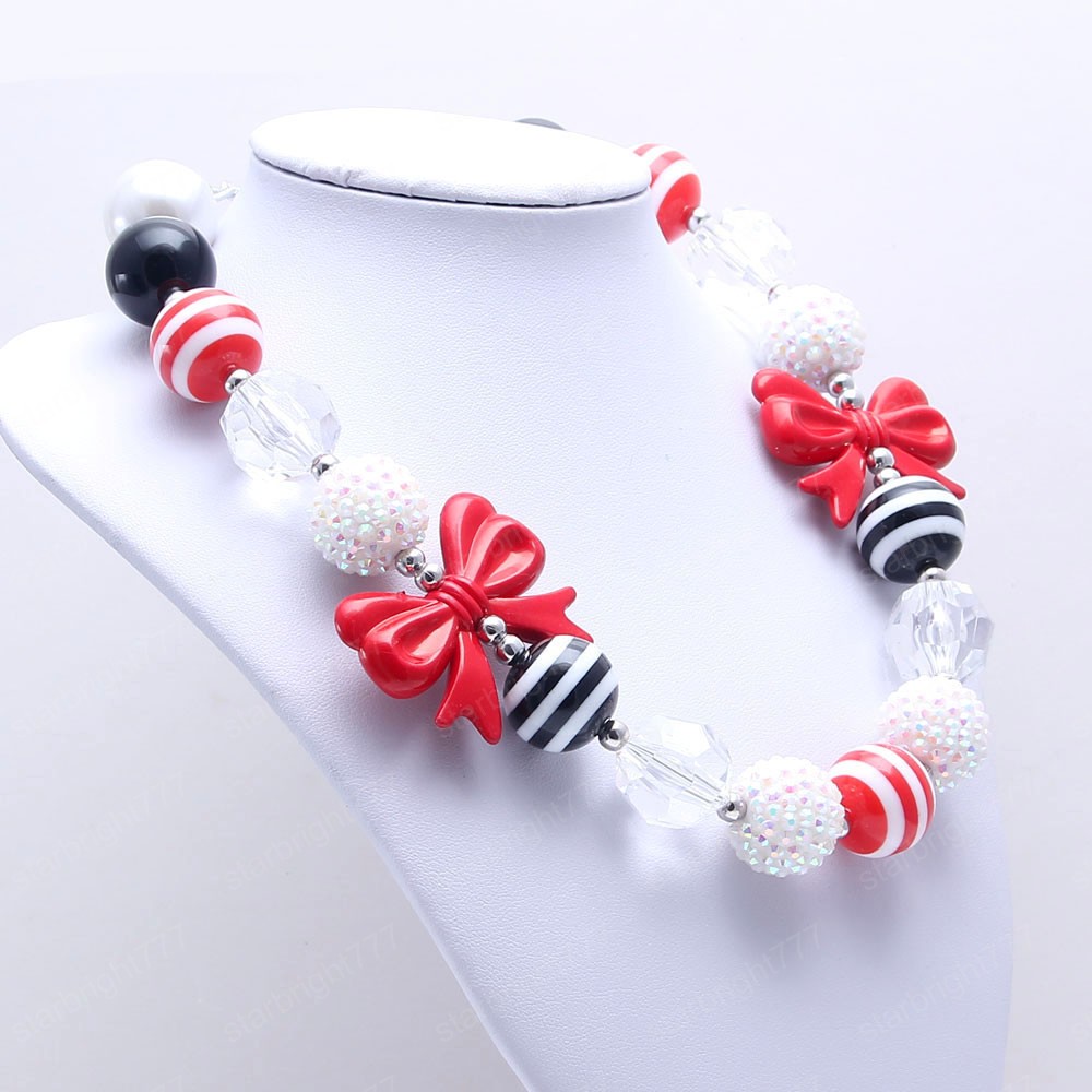 Fashion Red Bowknot Girls Chunky Beads Necklace Baby Child Bubblegum Chunky Necklace Cute Design Beaded Jewelry