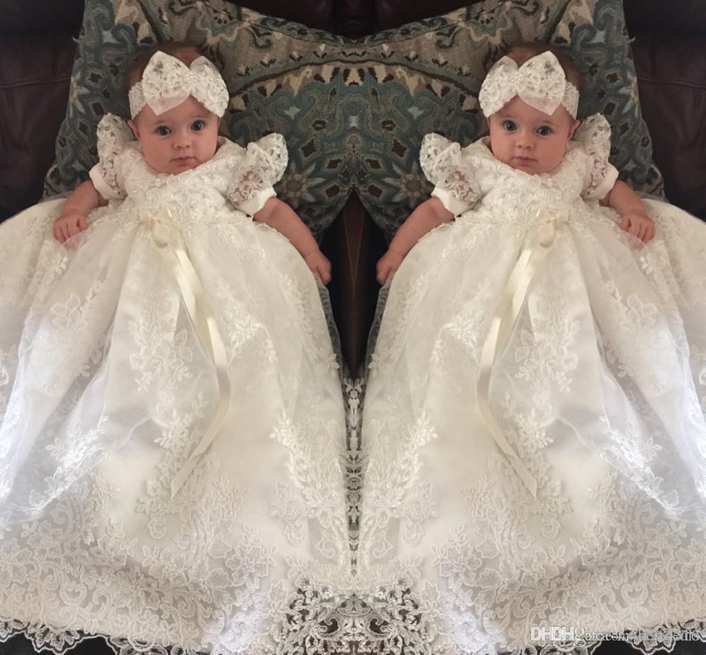 wer Lace Dresses Jewel Neck Ruched Short Sleeve Girls Gowns Communion Baby Girl Baptism Gown Christening Dress