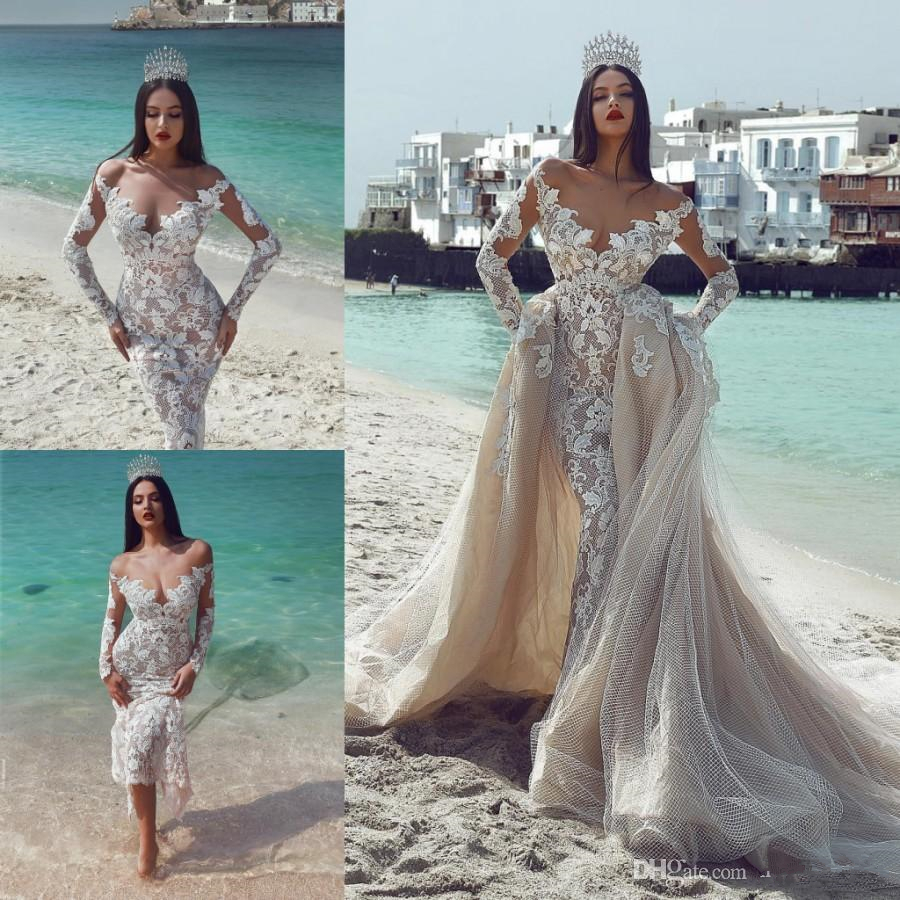 Gorgeous Mermaid Wedding Dresses With Detachable Train Off Shoulder Lace Long Sleeve Bridal Gowns Plus Size Beach Wedding Dress