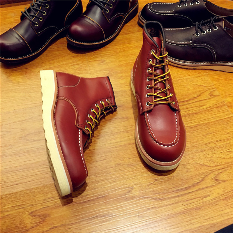Hot Sale-Vintage Men Shoes Lace-Up Genuine Leather Boots Wing Male Handmade Work Travel Wedding Ankle Boots Casual Fashion Red Boots 875