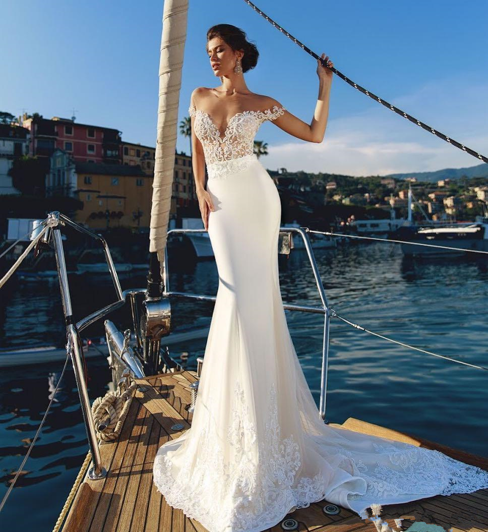 Beach Mermaid Wedding Dresses: Off-Shoulder Lace Satin Sweep Train Bridal Gowns for Boho Brides