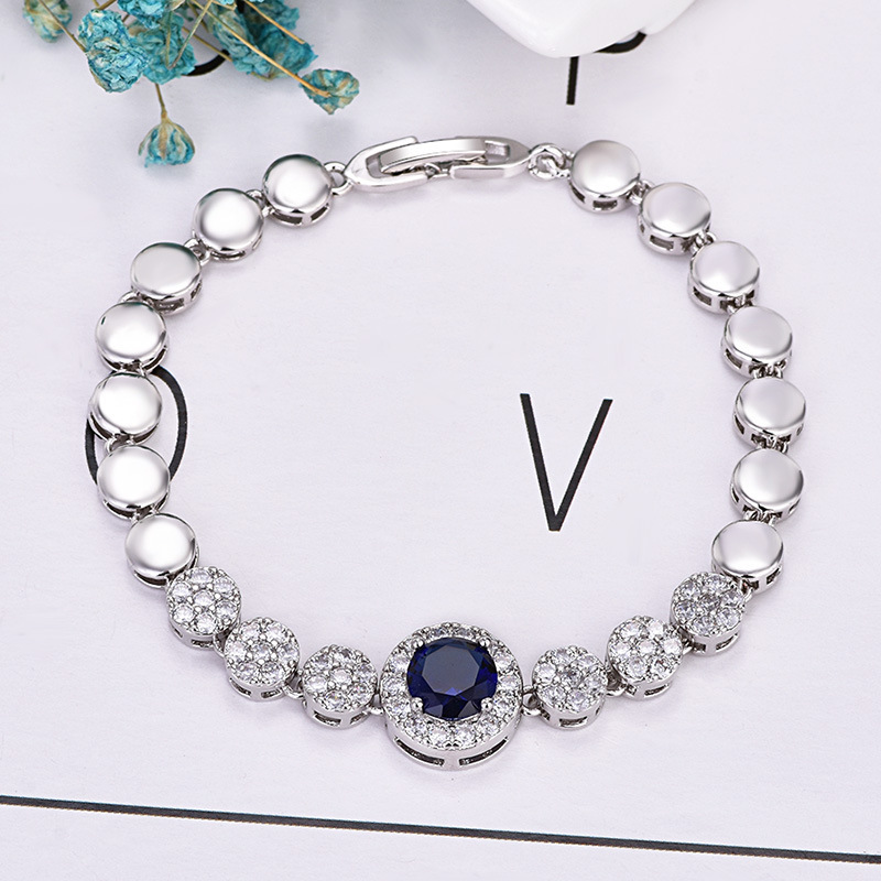 2 Pcs/Lot High Quality Holiday Gift Blue White Red Crystal Cubic Zirconia Gemstone Platinum Plated Round Shaped Chain Bracelet For Women