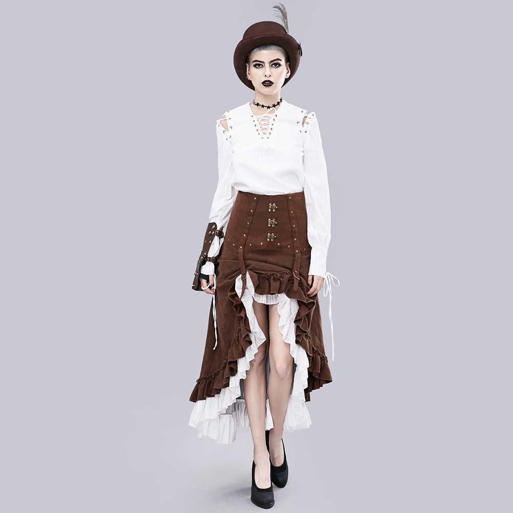 Women Victorian Brown & White Retro Victorian Gothic Vintage Steampunk Leather Adjustable Asymmetrical Ruffle Vintage Hi-lo Skirt Halloween