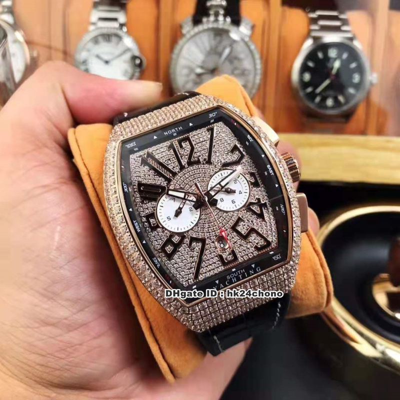 2 Style Vanguard Yachting Rose Gold Full Diamonds Autoamtic Mens Watch V45 DT YACHTING Rice Diamond Dial Leather Strap Gents Watches