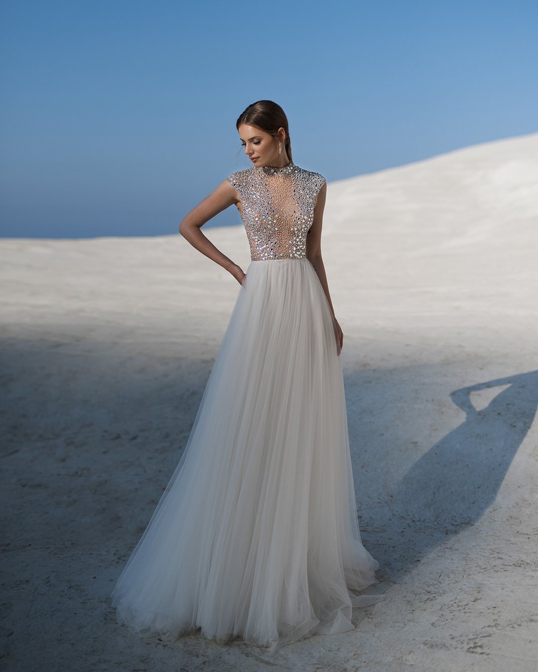 shrakling aline wedding dresses high collar sleeveless crystal beaded sweep train bridal dress tulle custom made robes de marie