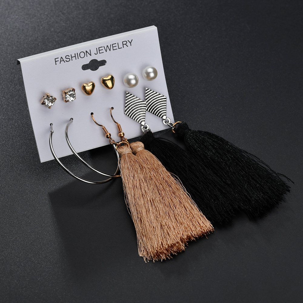 Simple Bohemian Alloy Tassel Earrings Set 6 Piece Set Elegant temperament Jewelry Valentine's Day Gift