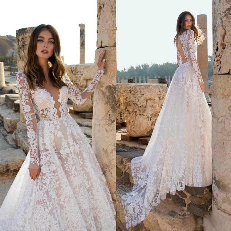 Newest Beach Wedding Dresses A Line Lace Applique Plus Size Illusion Floral Appliques Backless Tulle Bohemian Bridal Gowns vestido de novia
