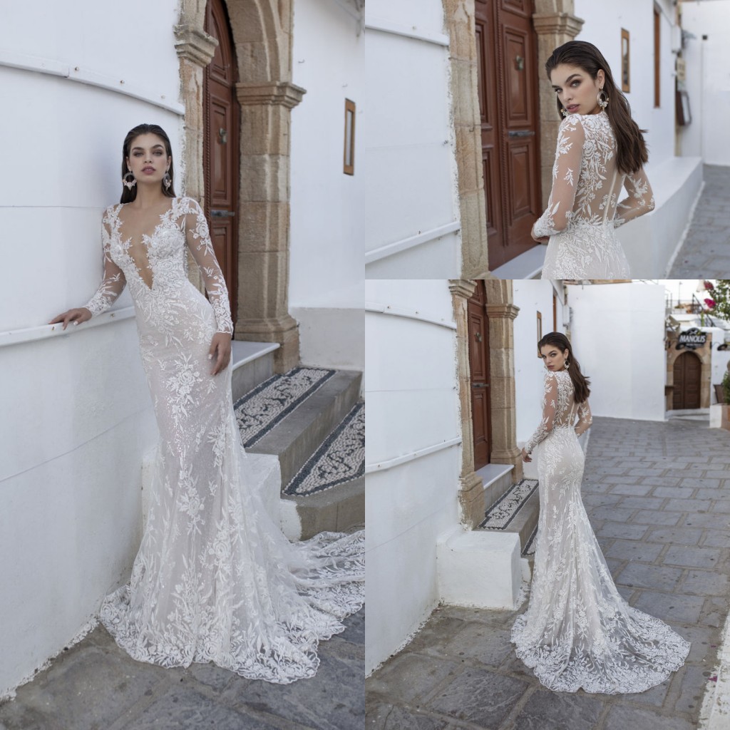 Elegant Lian Rokman Mermaid Wedding Dresses 2020 Appliqued Lace Sheer Deep V Neck Bridal Gowns Sweep Train Country Robe De Mariée