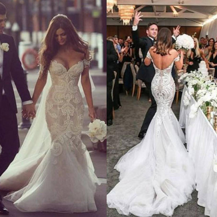 Charming Mermaid Wedding Dresses Short Sleeve Off Shoulder Sexy Backless Wedding Dress Lace Appliques Boho Sweep Train Bridal Gown