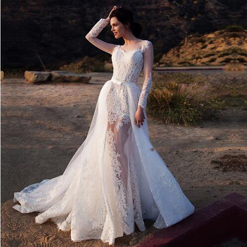 2 In 1 Long Sleeve Illusion Sexy Mermaid Wedding Dresses With Detachable Train Fashion Europe Style Dress