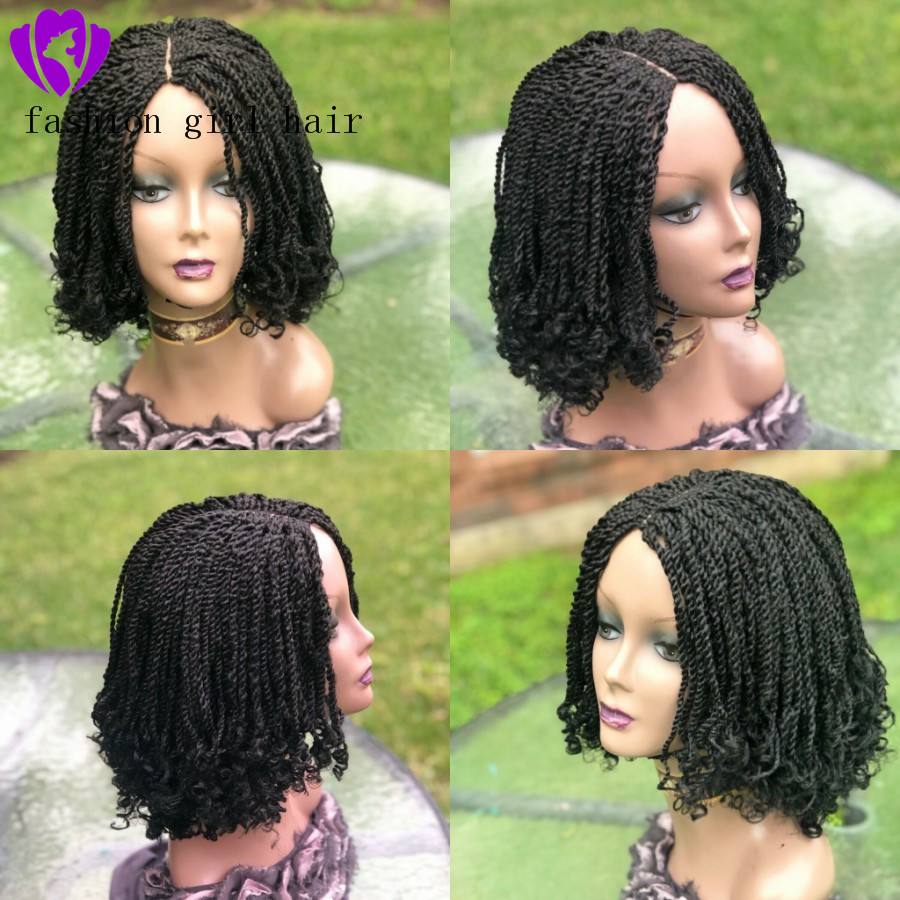 Middle part full density 14inche Short Bob Synthetic Lace Front braids Wigs for africa women Crochet braided kinkyTwist Wig with curly tips