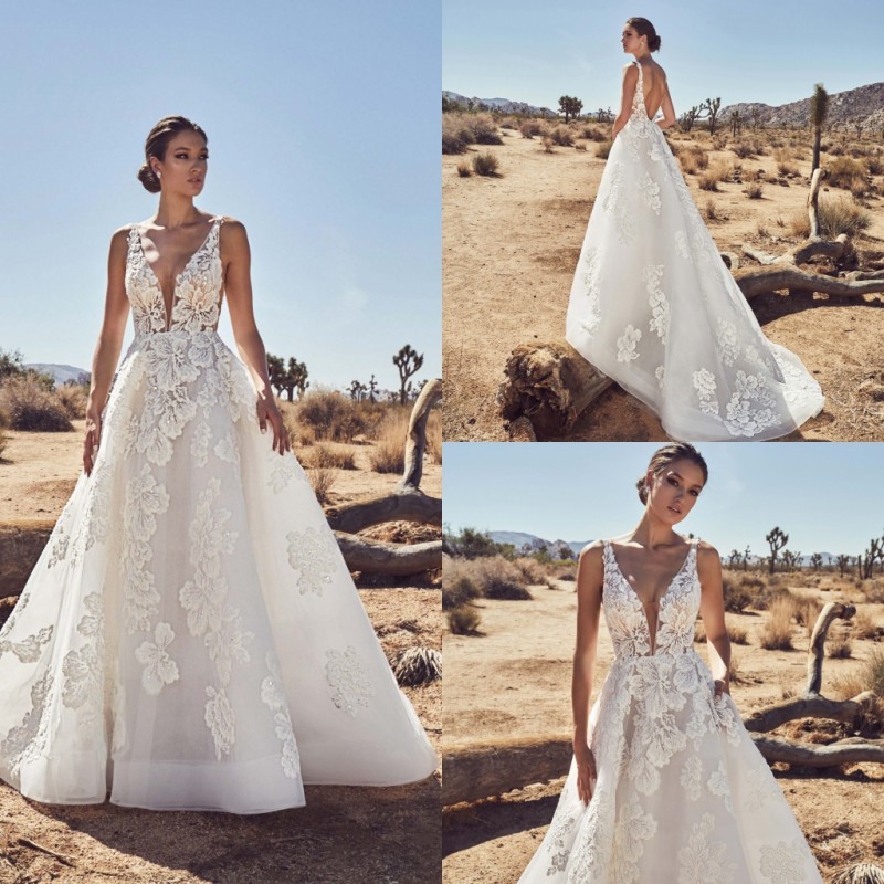 Calla Blanche 2019 A Line Wedding Dresses V Neck Flower Lace Beads Backless Sweep Train Bridal Gowns Beach Plus Size Vestido De Novia
