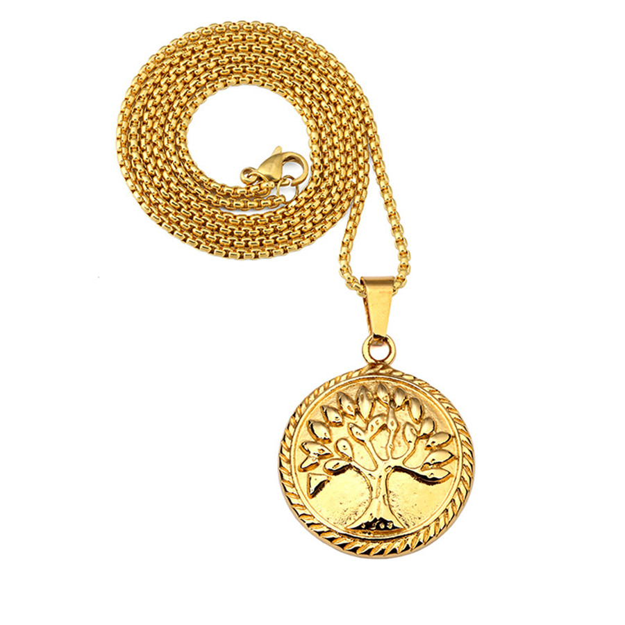 Fashion Mens Women 18k Gold Plate Pendant Necklace Round Charm Tree of Life Pendants Stainless Steel 60cm Long Chain Design Hip Ho