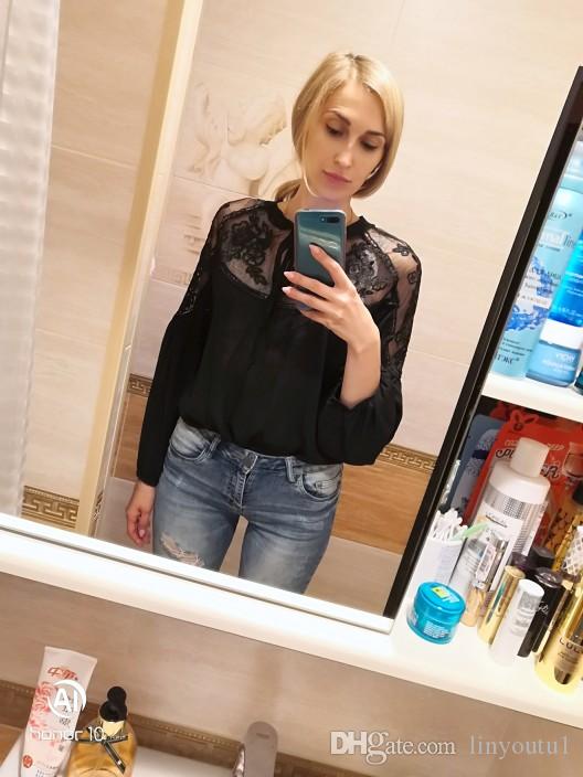 women clothes Sexy Lace Mesh Shirt Embroidery Patchwork Women Casual Long Sleeve Tops Chiffon Blouse Ladies Loose Tops Shirts Female