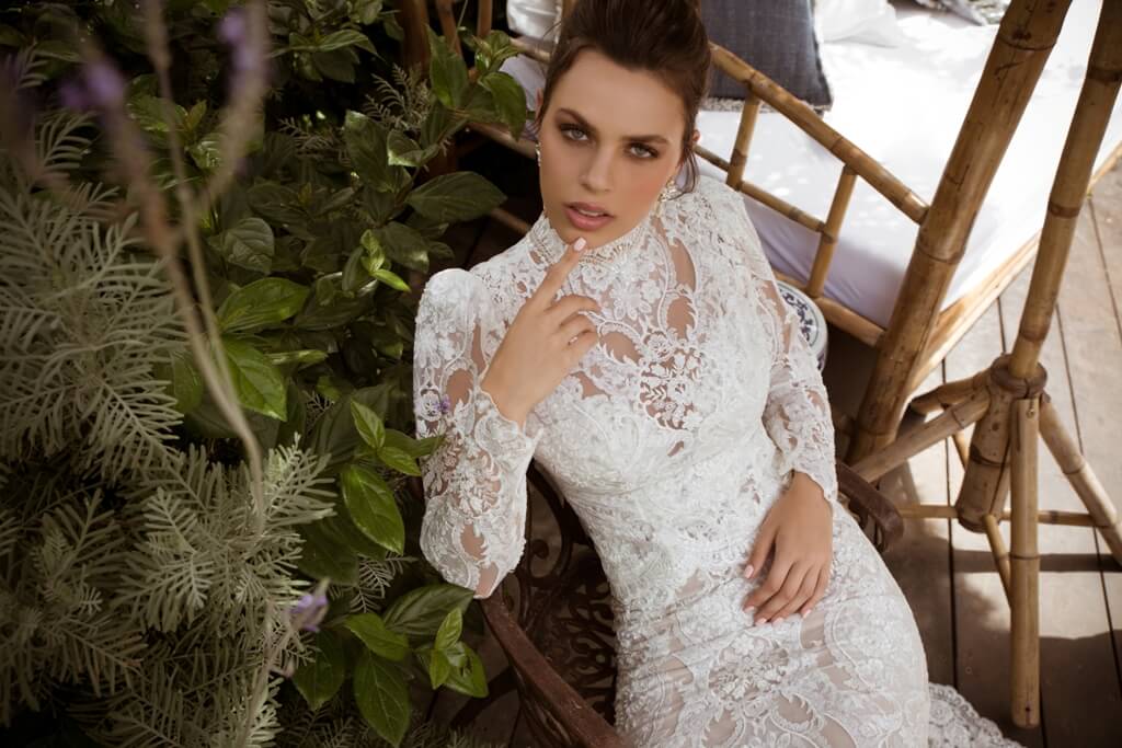 high collar mermaid wedding dresses long sleeve lace appliques bridal gowns illusion beading back wedding dress vestidos de novia