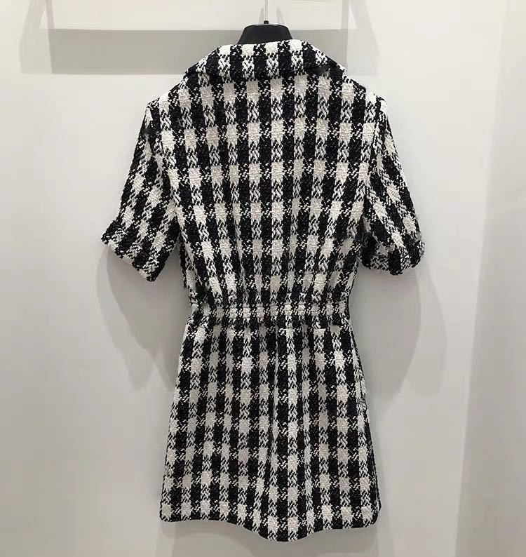 2020 Spring Summer Short Sleeve Notched-Lapel White Black Plaid Print Tweed Buttons Short Mini Dress Women Fashion Dresses W1815062
