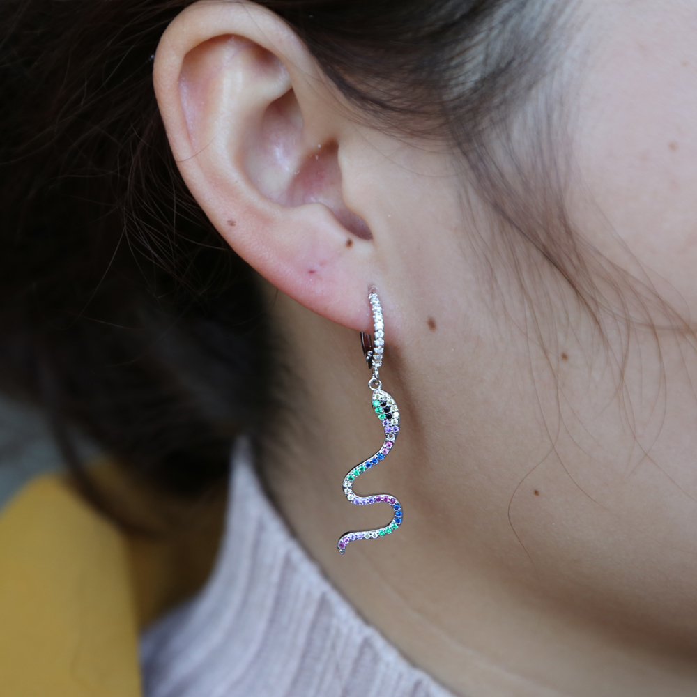 2018 hot fashion delicate rainbow cz wrap dangle snake shape cz bar earring Gold filled mix color CZ charm fashion women jewelry