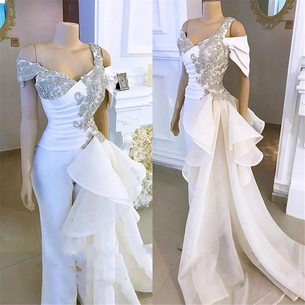 Women Jumpsuits With Train White Beaded Crystals Satin Evening Dresses Peplum Saudi Arabic Long Formal Dress Pant Suits Prom Party Gowns
