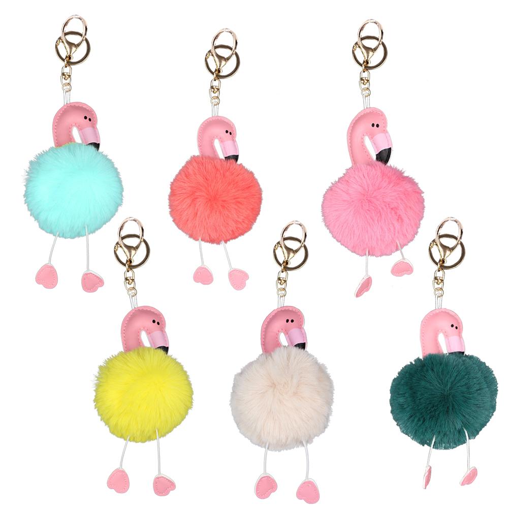6pcs Fluffy Key Ring Plush Animal Flamingo Keychain Ring Hanging Decoration Pendant Charm Keyring Jewelry (Random Color )