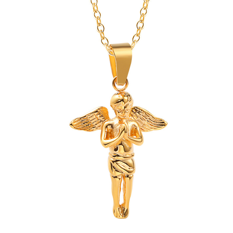 Hip Hop Charm Prayer Angel Pendant Necklace Stainless Steel 18K Gold Plated Jewelry Christmas Gift