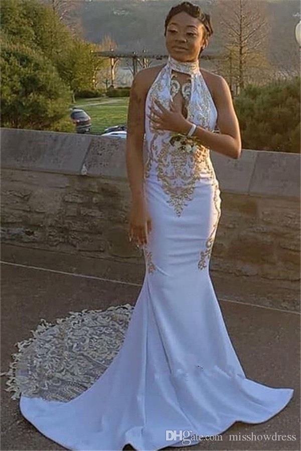 2019 White Prom Dresses With Gold Appliqued High Neck Sweep Train Arabic Mermaid Evening Dress Formal Party Gowns Girls Pageant Dress