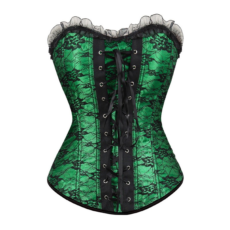 Dance Lace Corset Top Frill Pleated Trim Side Zipper Corsets Plus size Lace up Back Women Ribbon Floral Overbust Sexy Dance Corse Bustier