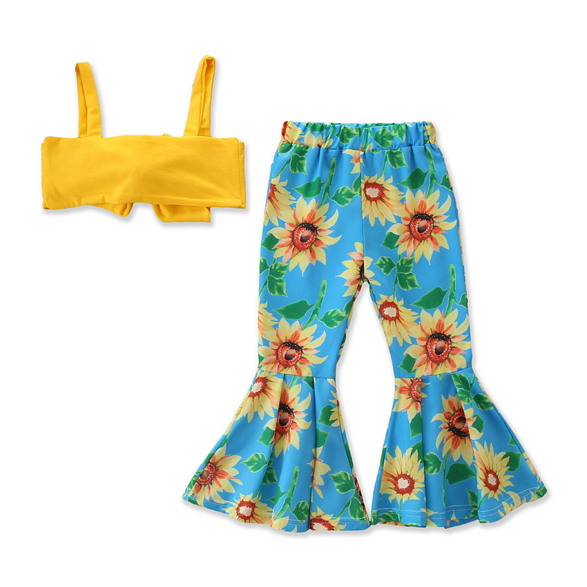 New children's clothing set girls summer yellow bow sling tops + sunflower floral flared pants suit
New children's clothing set girls summer yellow bow sling tops + sunflower floral flared pants suit