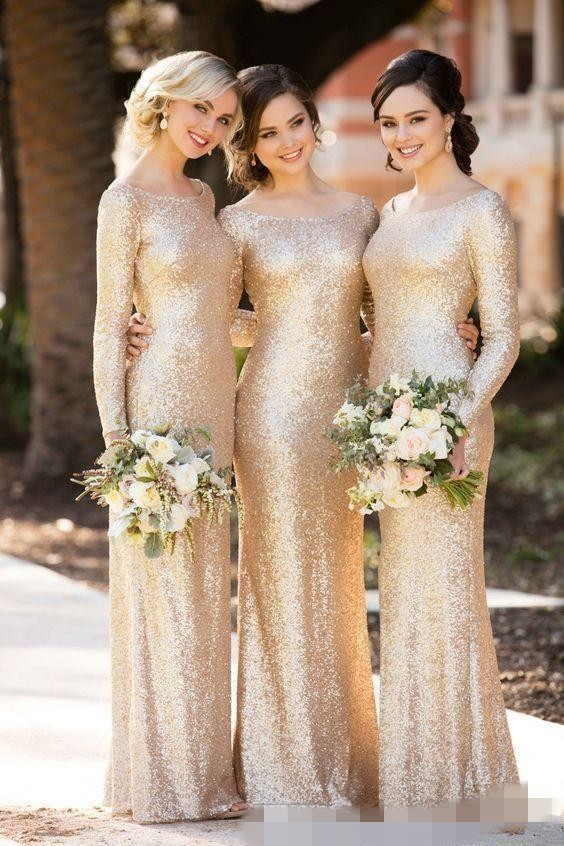 Sequins Sparkly Gold Bridesmaid Dresses Long Sleeves Scoop Neck Sweep Train Simple Country Wedding Maid Of Honor Gown Plus Size