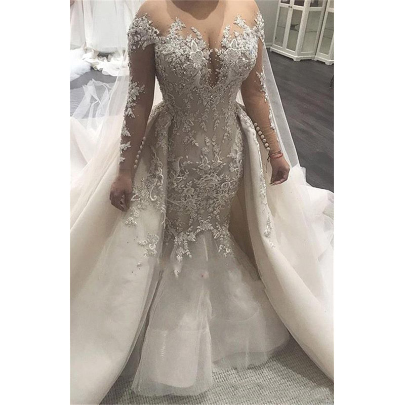 Modest Mermaid Wedding Dresses With Overskirts Sheer Long Sleeves 2020 Bridal Gowns Lace Applique Long Sleeves Plus Size Wedding Dress