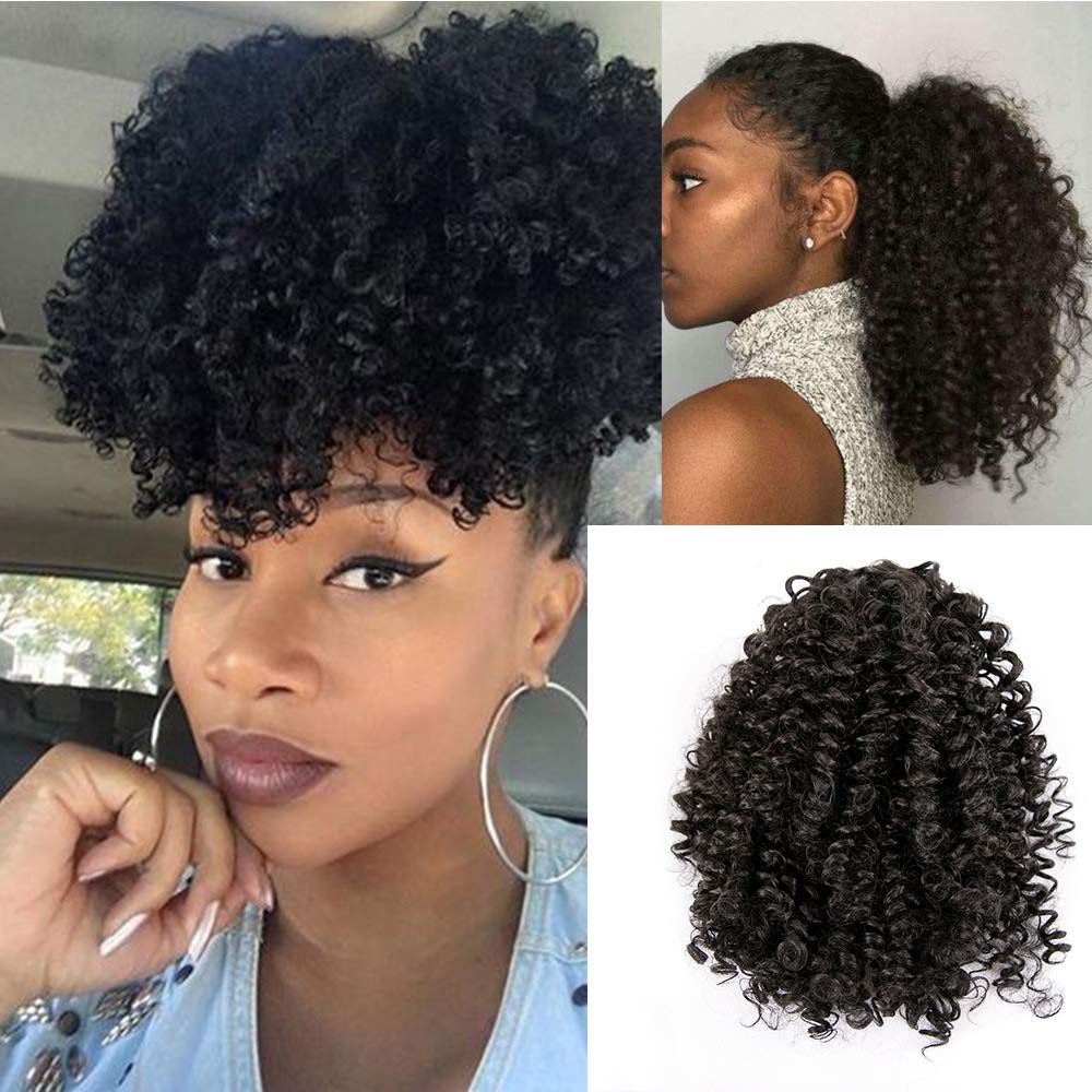Short Afro Kinky Curly Ponytail indian Hair Piece Drawstring puff humain Curly Ponytail Hair Extension for African Black Women black #1b