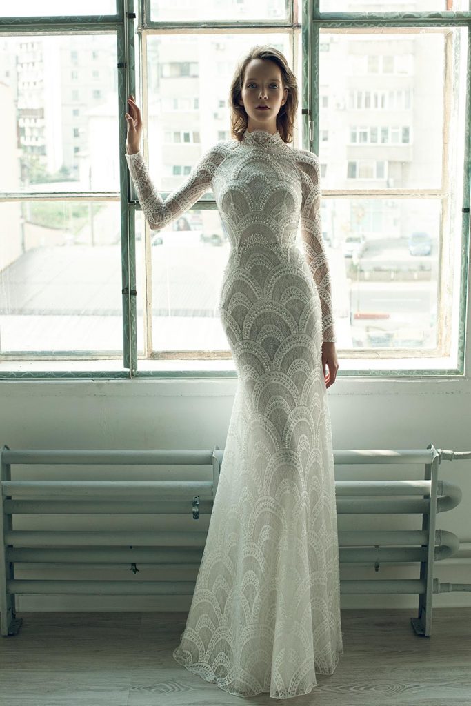 Ersa Atelier Mermaid Dresses High Neck Lace Hollow Back or Length Beach Wedding Dress Custom Pearls Long Sleeve Bridal Gowns