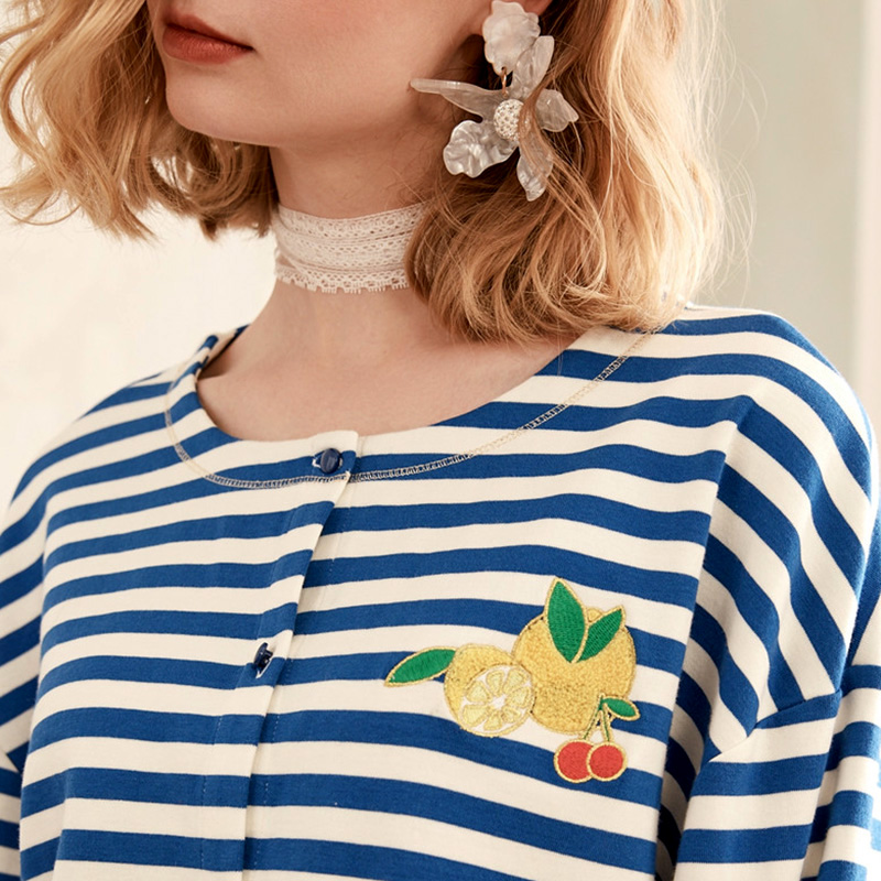 Women' Knitted Horizontal Stripes Cardigans Embroidered with Lemon Blue Top