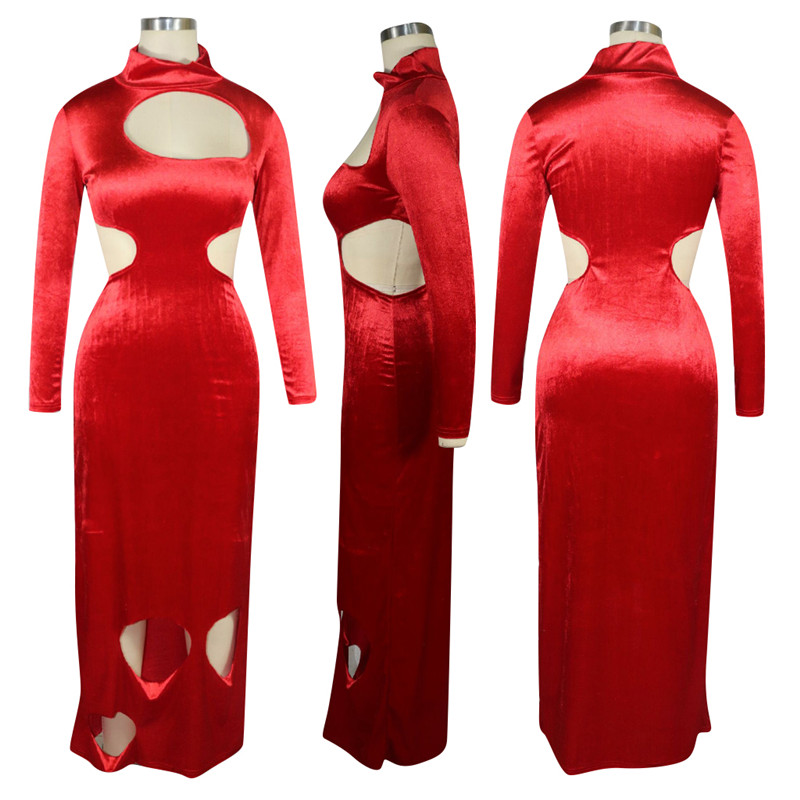 Women pleuche Velvet long sleeve one-piece dress sexy solid color package hip long skirt night club wearing clothes S-2XL 2000