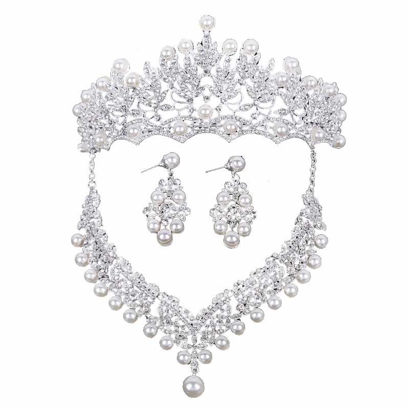 High Quality Wedding Crown Bridal Head Piece Pearl Tiara Jewelry Women Hair Accessories Set Silver Headpiece Big Pageant Crown CJ191226