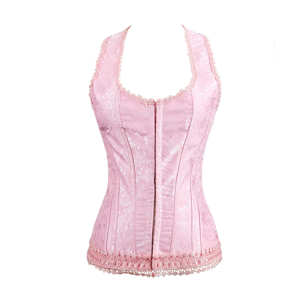 Halterneck Corset with Lace & G-String Women Fashion S-XXL Crotch Lace Trim Brocade Jacquare Satin Overbust Corsetlet Pink