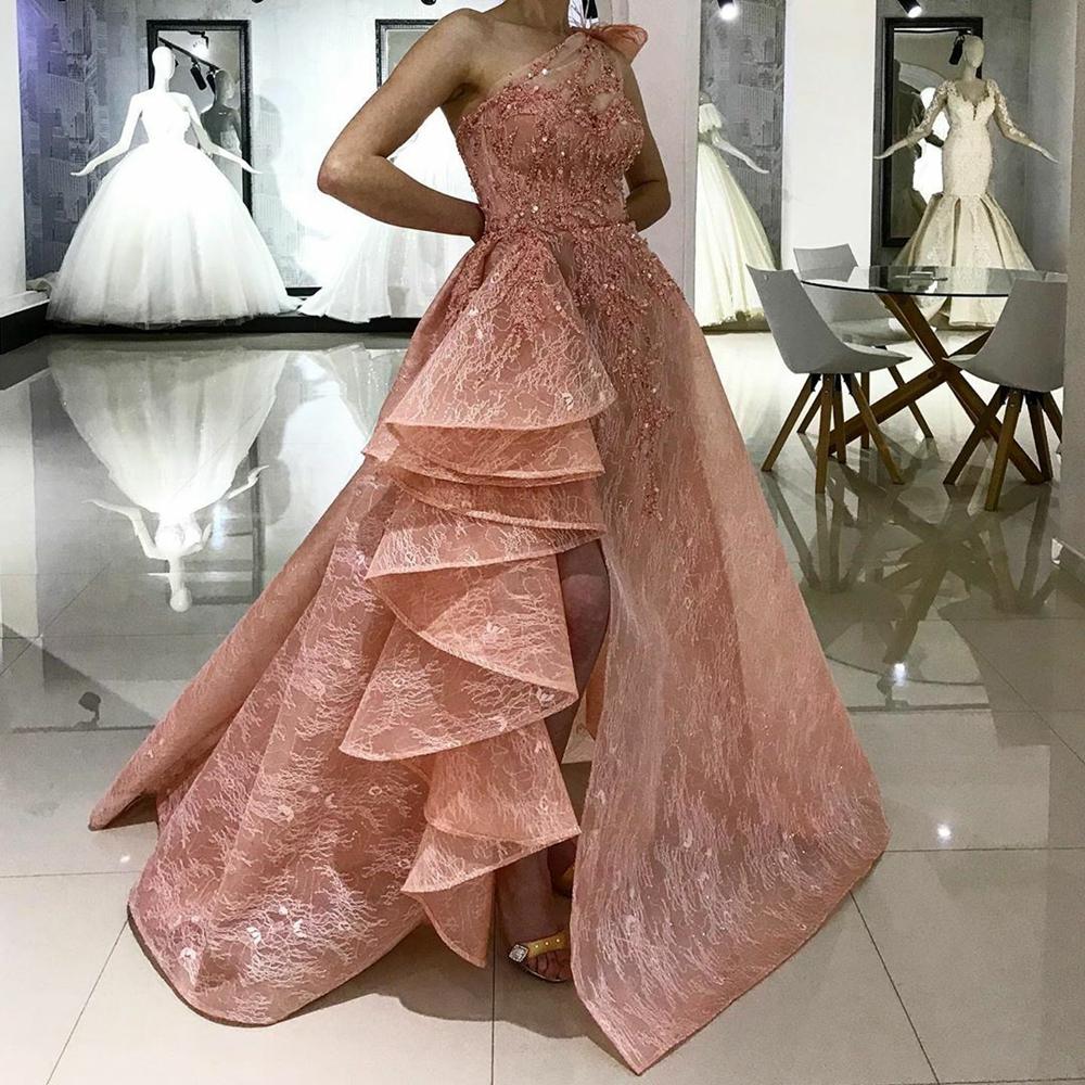 2020 Sexy Evening Dresses Pink Lace One Shoulder A line Long sleeve Prom Dress Maid of Honor Gowns for Bridal Party