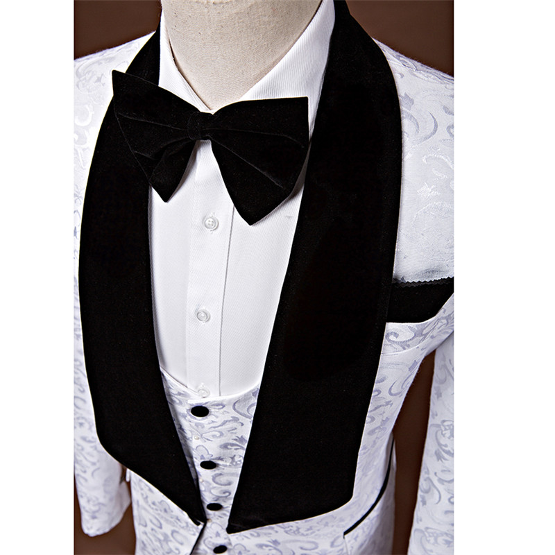 Latest White Wedding Groom Tuxedos For Prom Shawl Collar italian man shiny Jacquard Real Image Black Bow ties Groom Suits For Bestman 2019