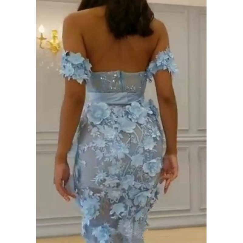 Light Sky Blue Tea Length Prom Dresses With 3D-Floral Flowers Applique Off The Shoulder Lace Party Evening Gowns Women Party Gowns