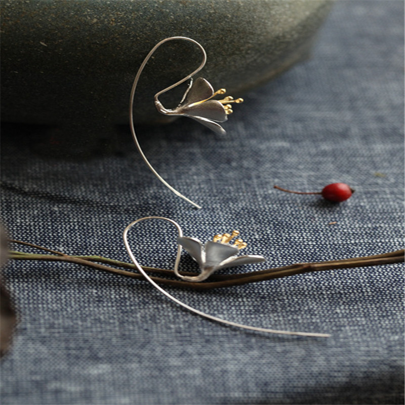 Authentic 925 Sterling Silver Flower Long Tassel Earrings For Women Thai Silver Drop Earring Lady Sterling-Silver-Jewelry